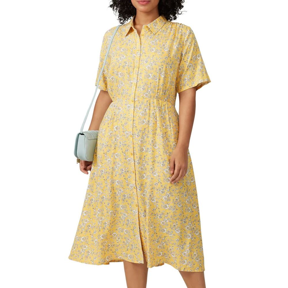 Junarose Yellow Calico Midi Shirt Dress Size 24 Work Career Floral Blouson $69
